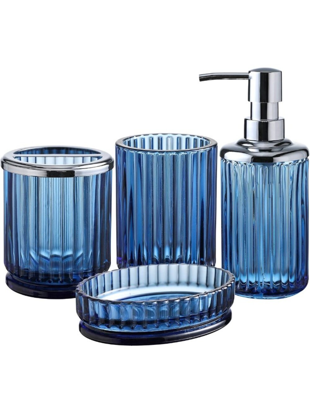 4PC Heavyweight Cobalt Blue Glass Bathroom Set - Soap Dispenser, Tumbler, Dish